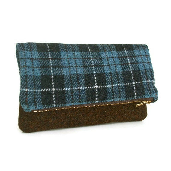 Harris Tweed Foldover Clutch - Two Tone Envelope Purse - Blue Check and Golden Brown Weave.