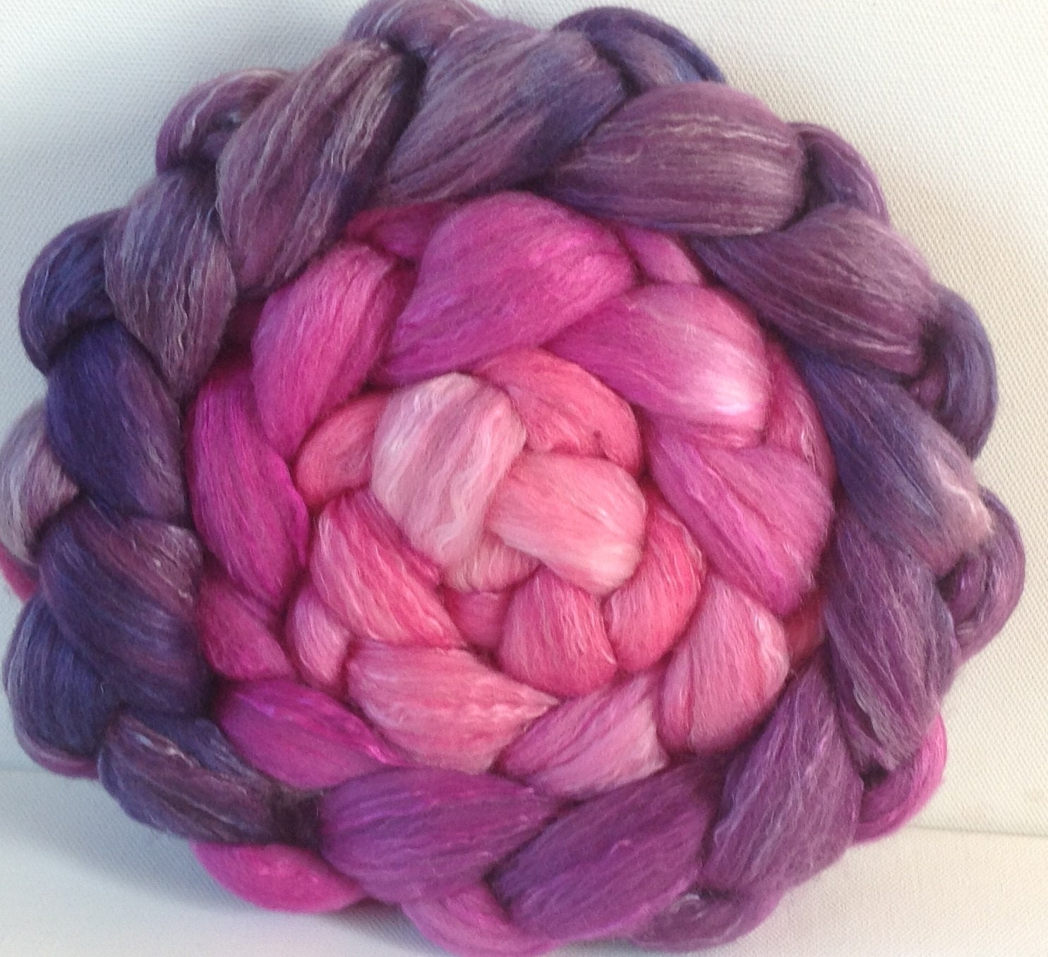 Hand Dyed roving for spinning or felting 3.6ozs Cyclamen merino and tussah silk 80/20