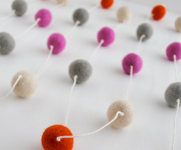 Pink, Gray, Orange and White Wool Ball Garland on White Cotton Thread