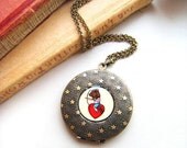 SPRING SALE -- Bear Cupid on Heart Locket, cupid arrow necklace, cupid art pendant, boy with arrow, love gift, valentines gift, he's a hear
