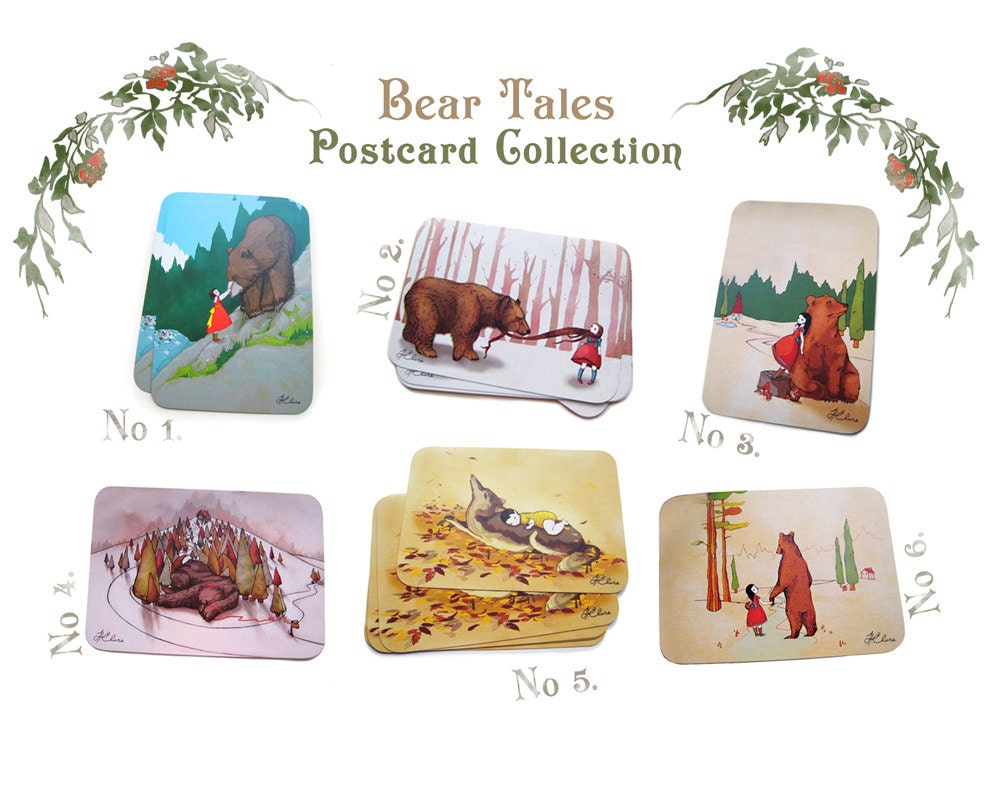 6 Postcard Pack, woodland postcards, animal postcards, bear postcards, fairytale cards, art postcard, whimsical postcard