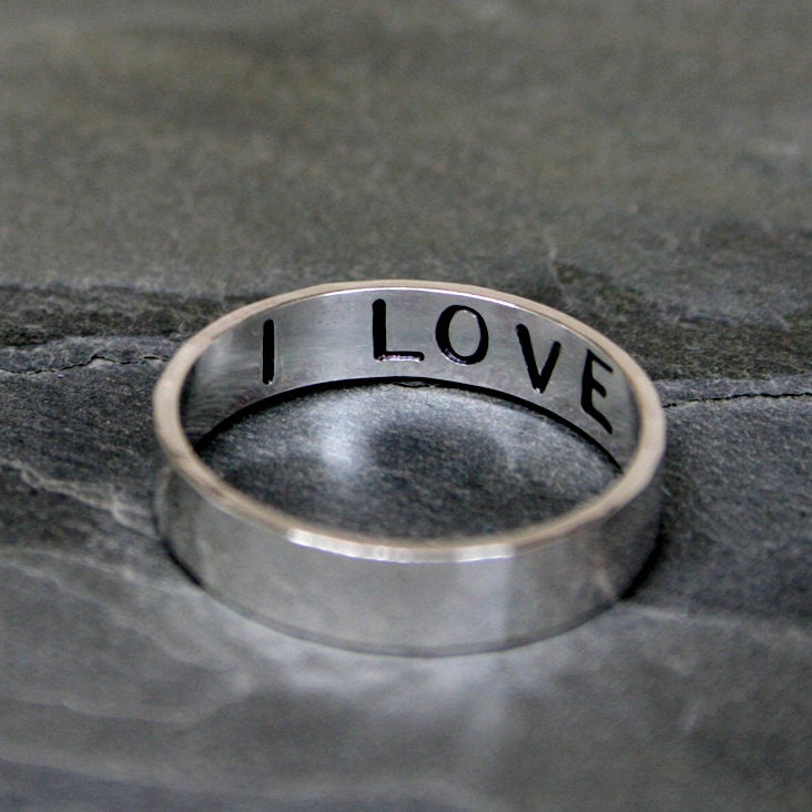 I Love You Ring, Hand Stamped Sterling Silver, Stacking Band, One Ring, Words Inside, Secret Message Inscription Valentines Day