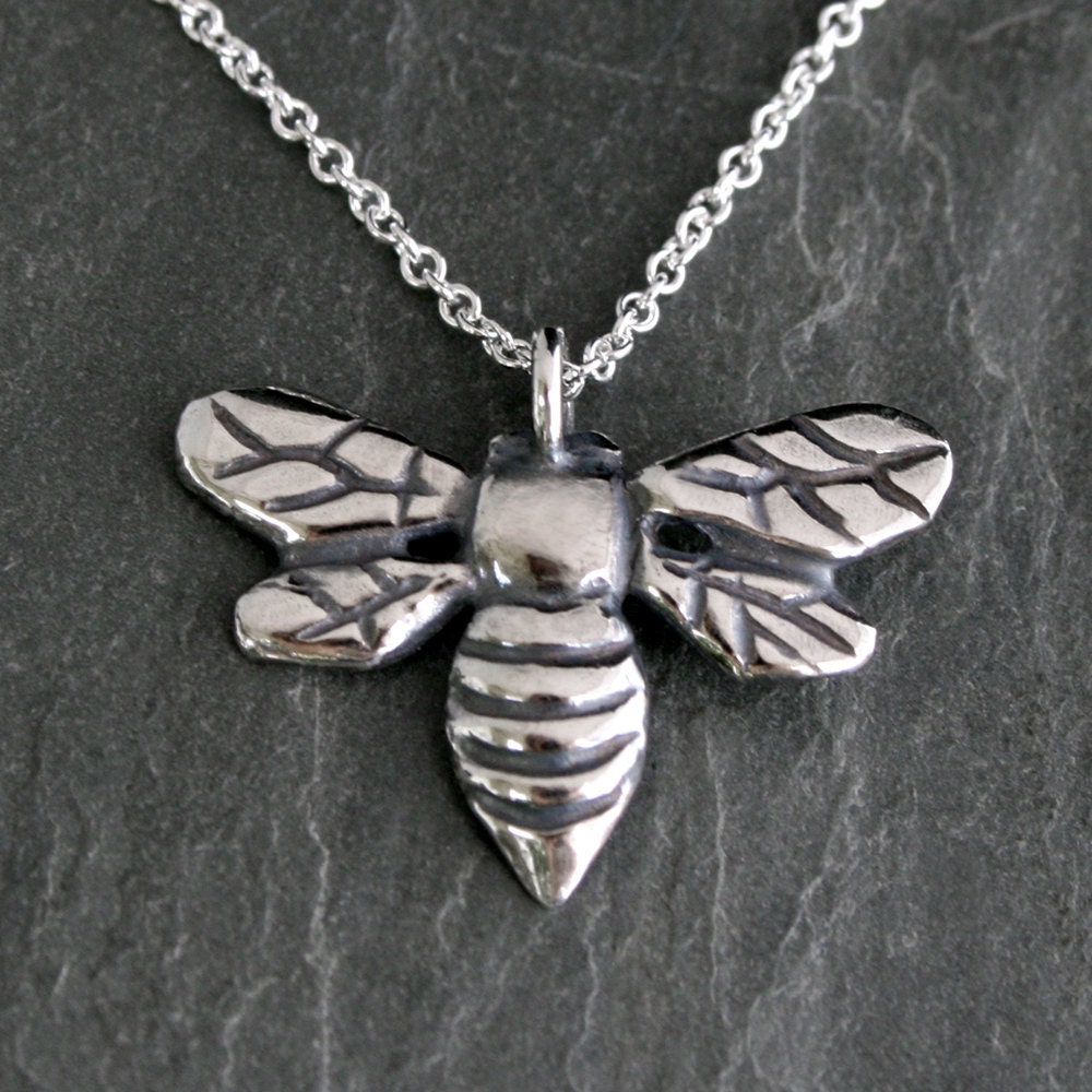 Honey Bee Pendant, Sterling Silver Necklace, Bumble Bee, Handmade Charm, 16 or 18 Inch Solid Sterling Silver Chain