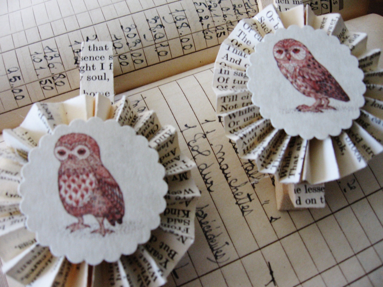 Vintage Paper Rosette Clothespin Magnets Set of Two Owls