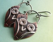 Little Owl Earrings - Sterling Silver And Copper Artisan Jewelry - Mixed Metal Owl Jewelry