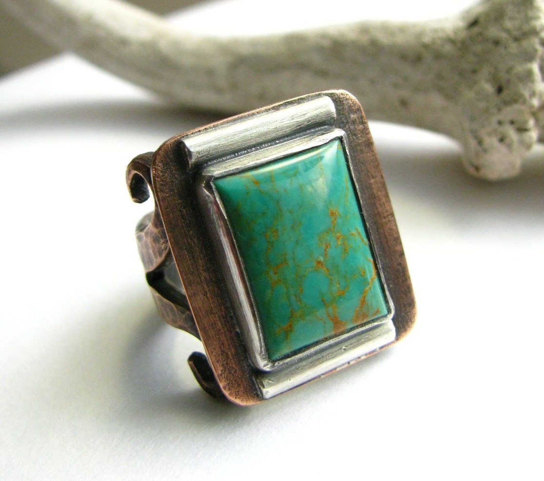 Unisex Turquoise Ring - Turquoise, Fine And Sterling Silver, Copper Ring - Metalsmith Rustic Ring - Size 7.5  Ring