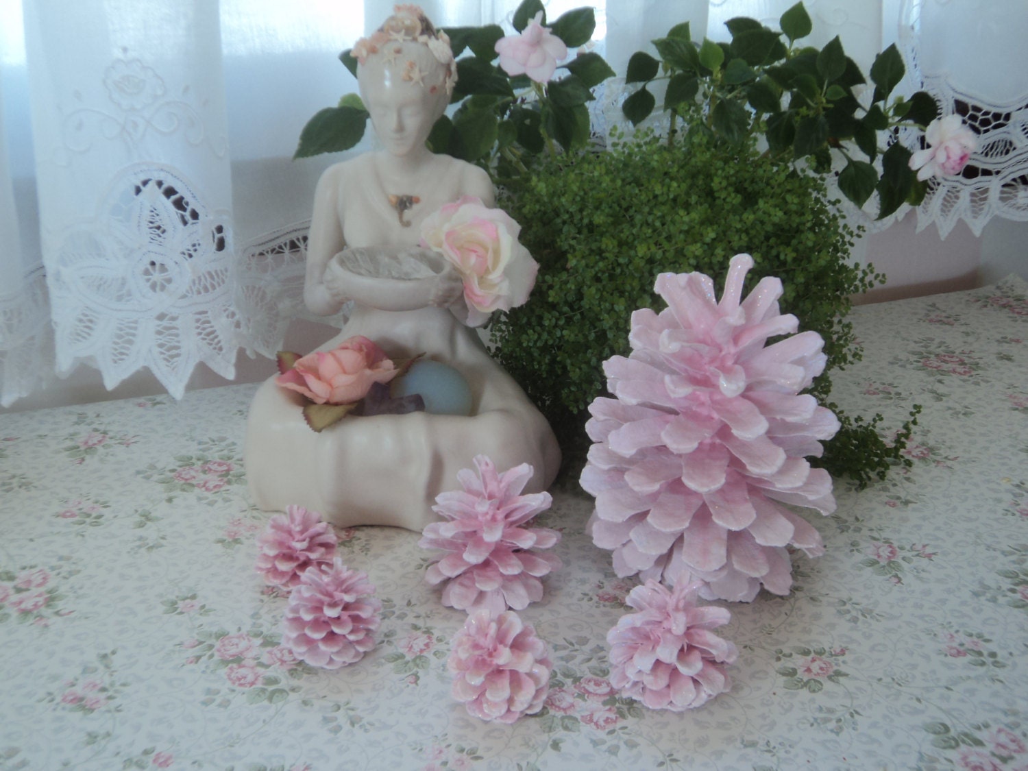 Set of 6 Shabby Handpainted Pink Pinecones