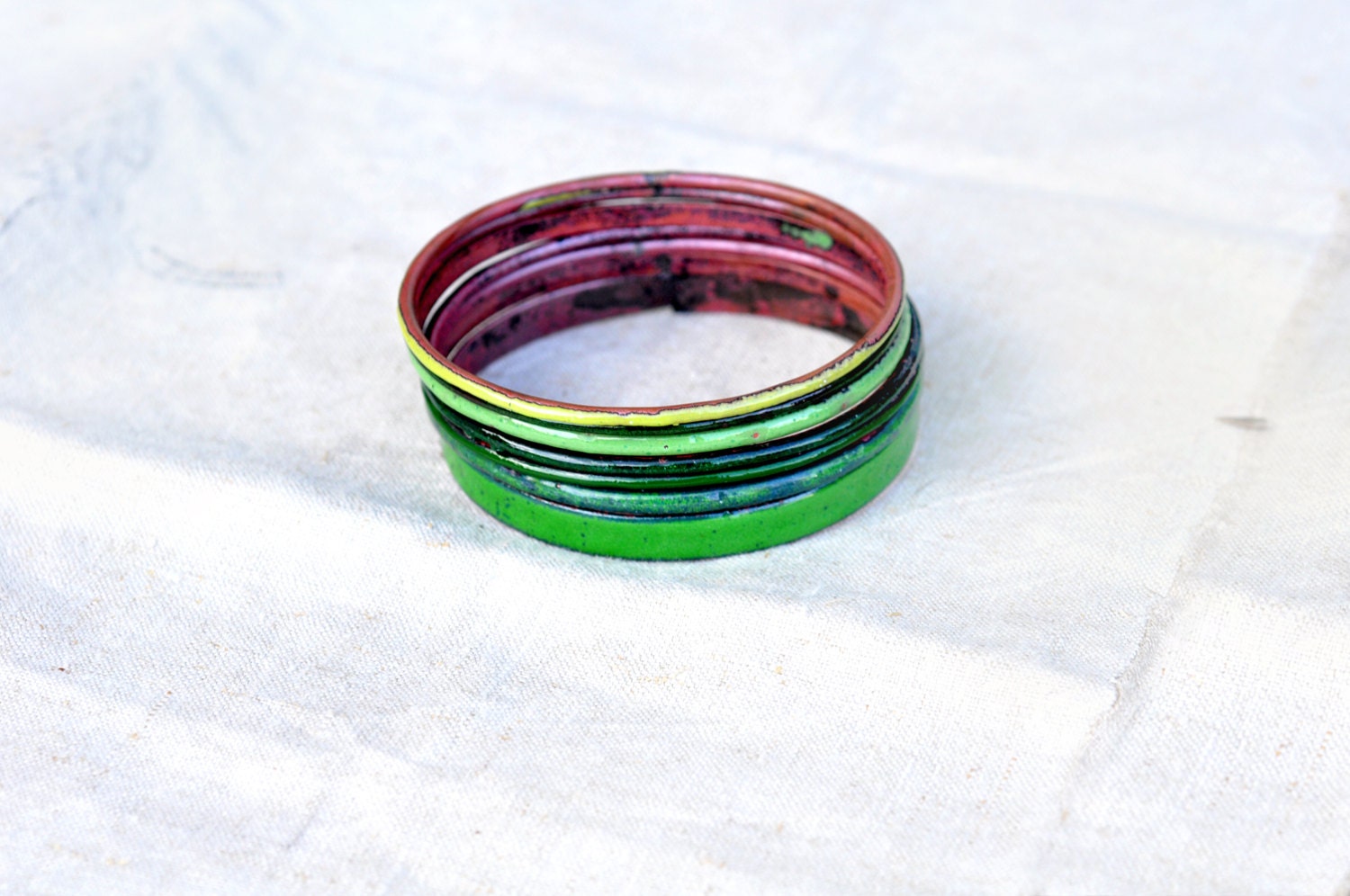 S A L E - Handmade Bangles - 'Emerald' - Green Toned Enamel Bracelets