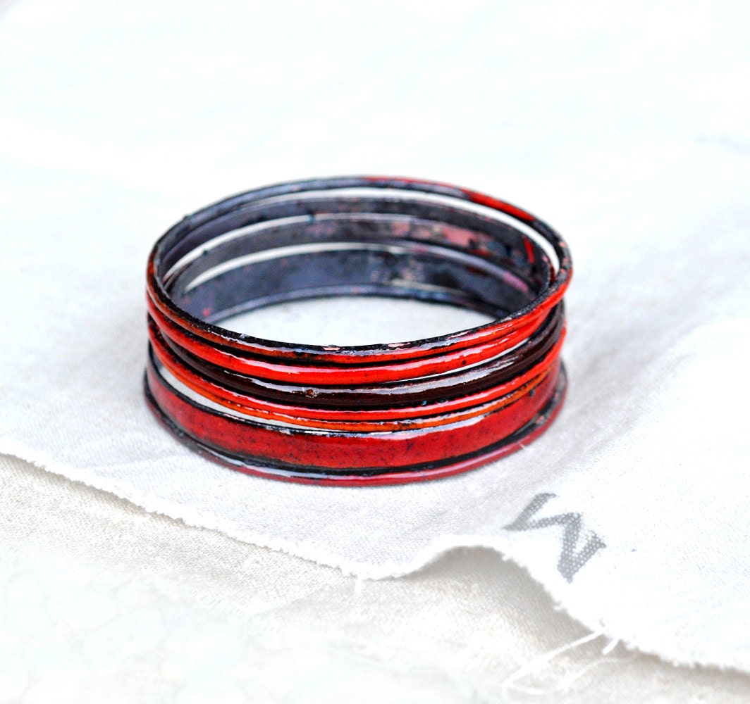 S A L E - Handcrafted Bangle Set - 'Ruddy 'ell' - Crimson & Burgundy Toned Enamel Bracelets