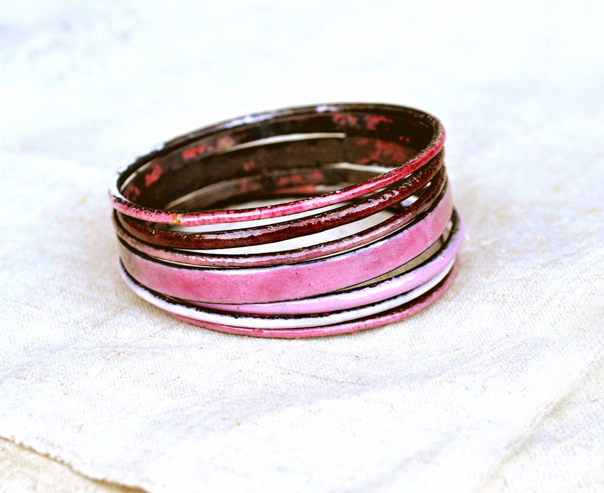 S A L E - Handcrafted Bangle Set - 'Toff' - Candy Pink Toned Enamel Bracelets