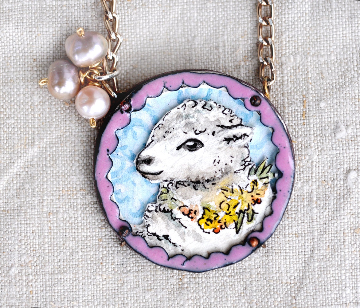 Handcrafted Jewelry - 'Spring Lamb' - Hand-painted Watercolor and Enamel Necklace - Only One