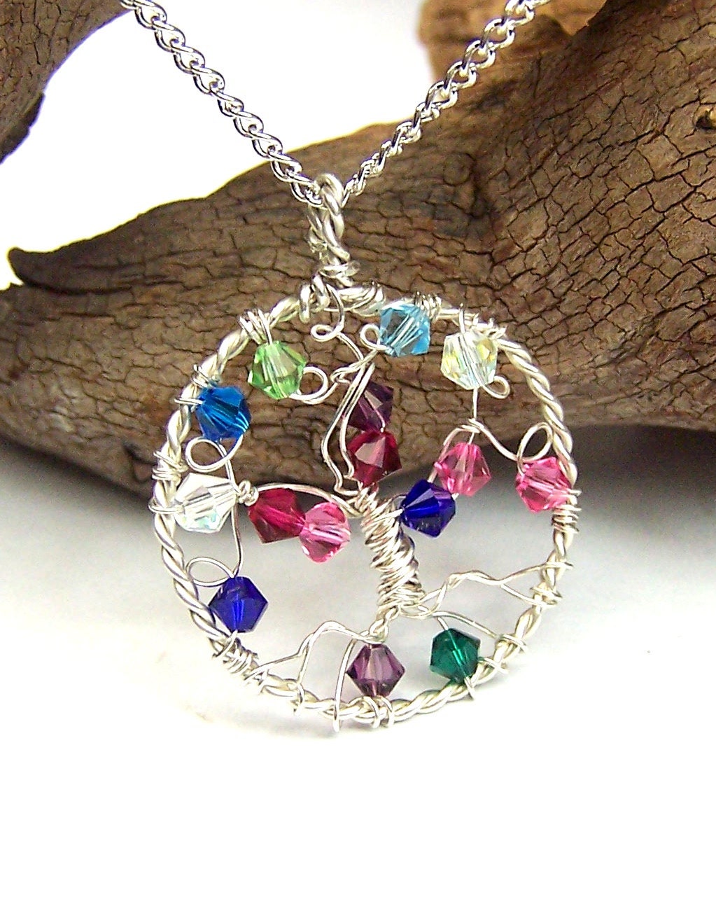 Family Tree necklace pendant-  birthstones - Sterling Silver Swarovski Crystals - Grandmother - Mothers day  - Grandma -Great - Mom - in law