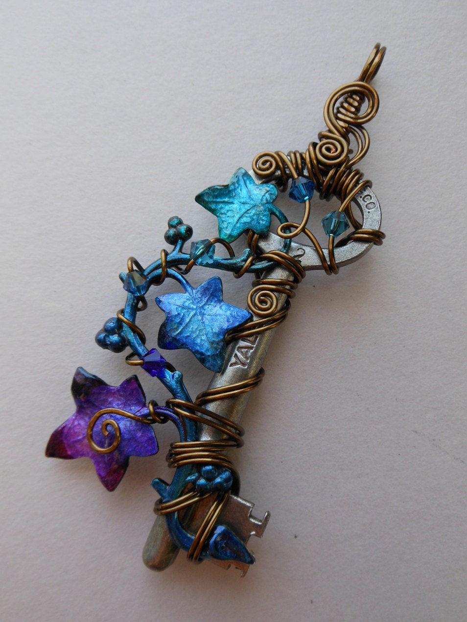 Ivy Vine Key Pendant -- Wire Wrapped Key with Purple, Blue, Turquoise Ivy Leaves, Swarovski Crystals, Vintage Bronze Wire