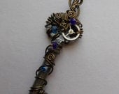 Steampunk Key Pendant -- Blue Crystal and Gears Wire Wrapped Clockwork Key (A Key to Time)