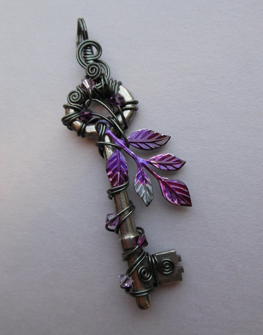Purple Fairy Key Pendant -- Purple and Silver Leaves, Wire Wrapped Key Pendant, Hematite Wire, Swarovski Crystals