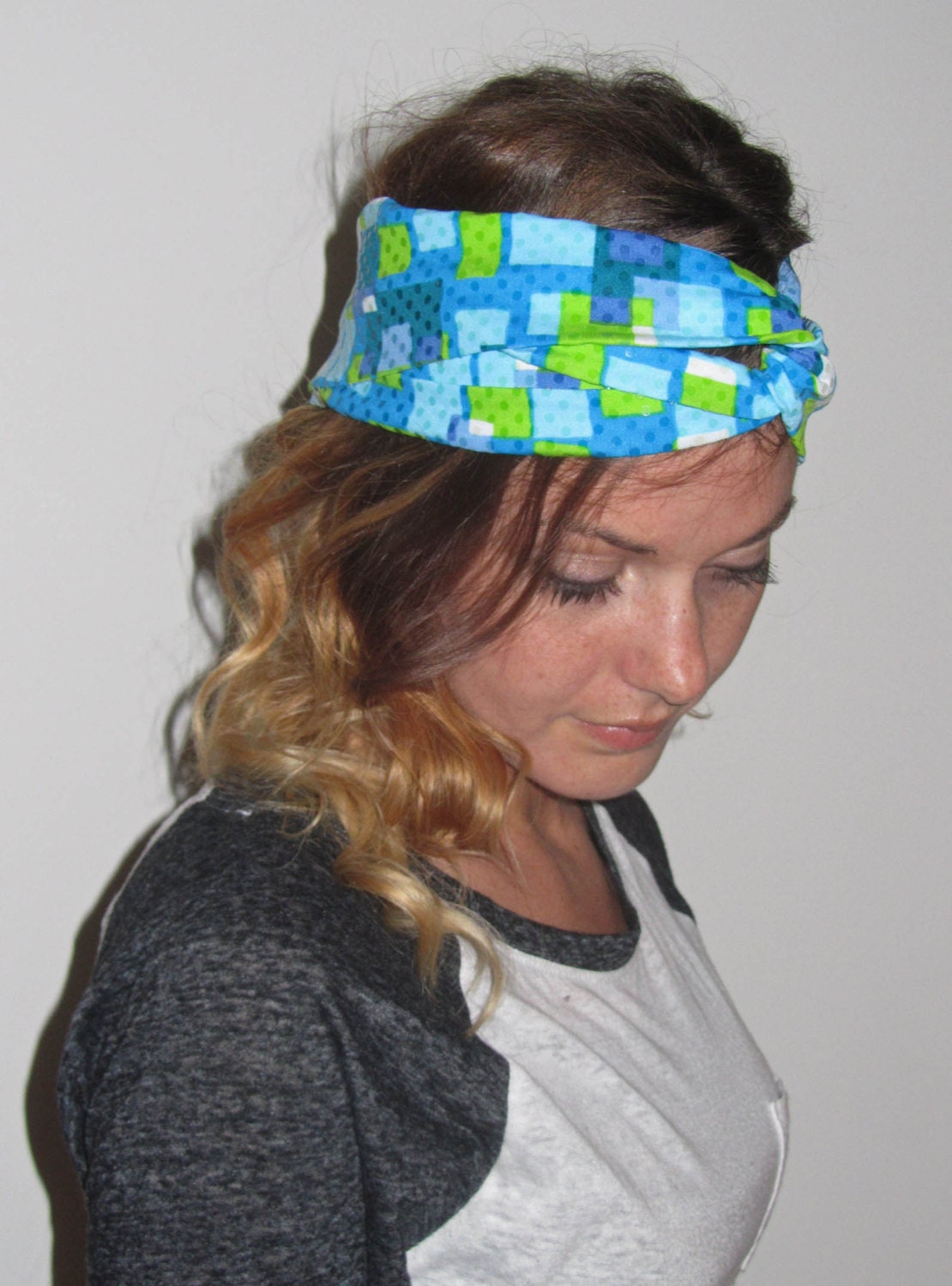 Geometric Lime & Blues With Sequins  Twisted Turban Style Headband Twist