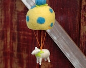 Parachuting Circus Lamb in Yellow with Polka Dots - Needle Felted Whimsy