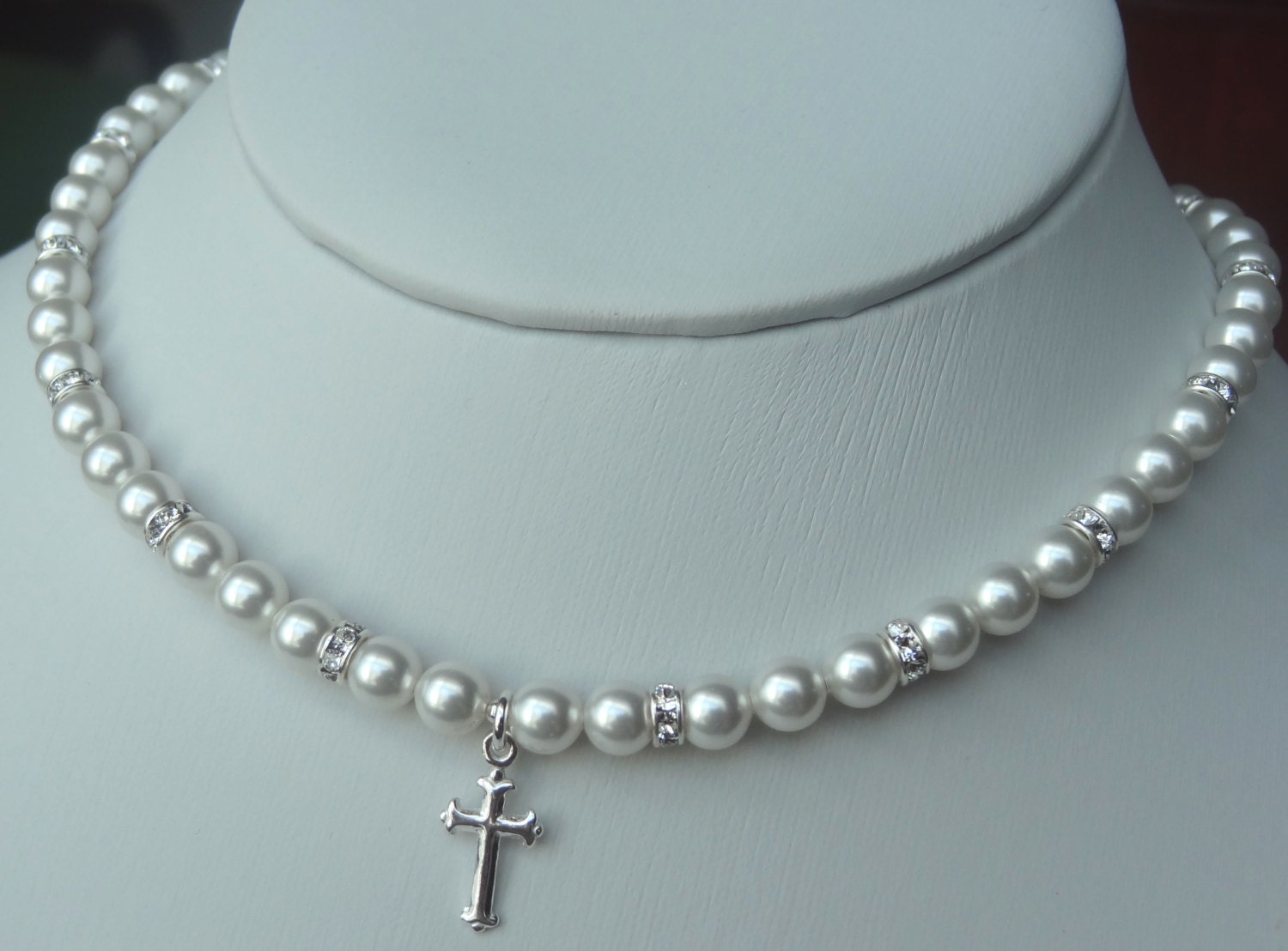 Elegant Children Swarovski Crystal Pearl and Rondelle With Cross  Necklace, First Communion, Confirmation, Flower Girls, Baptism