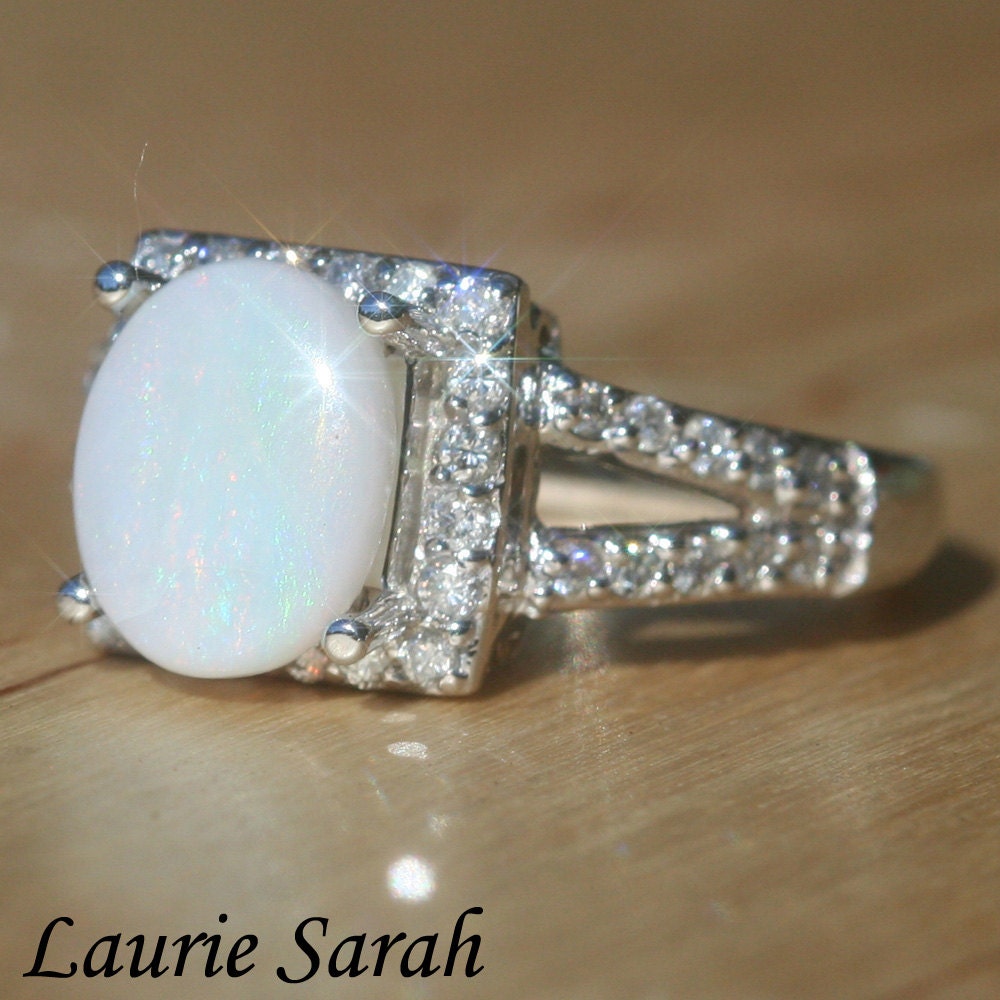 Crystal Opal and Diamond Ring with prong set split shank and single halo - LS290