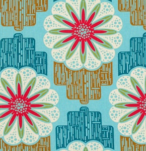 Field Study Linens - Anna Maria Horner Fabric - Flower Circuit in Guava Aqua - Half Yard