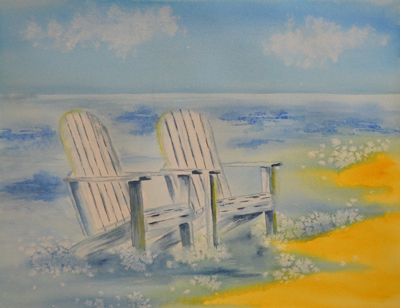 Art, Fine Art-Watercolor Painting of Adirondack Chairs on the Beach-Seascape