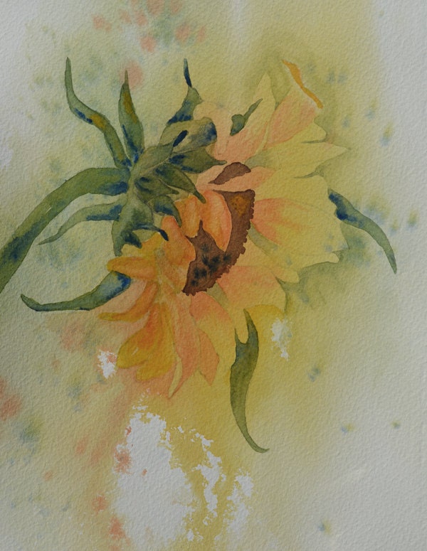 Art, Fine Art-Watercolor Painting of Yellow Sunflower