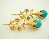 Turquoise quartz and pearl gold Leaves earring