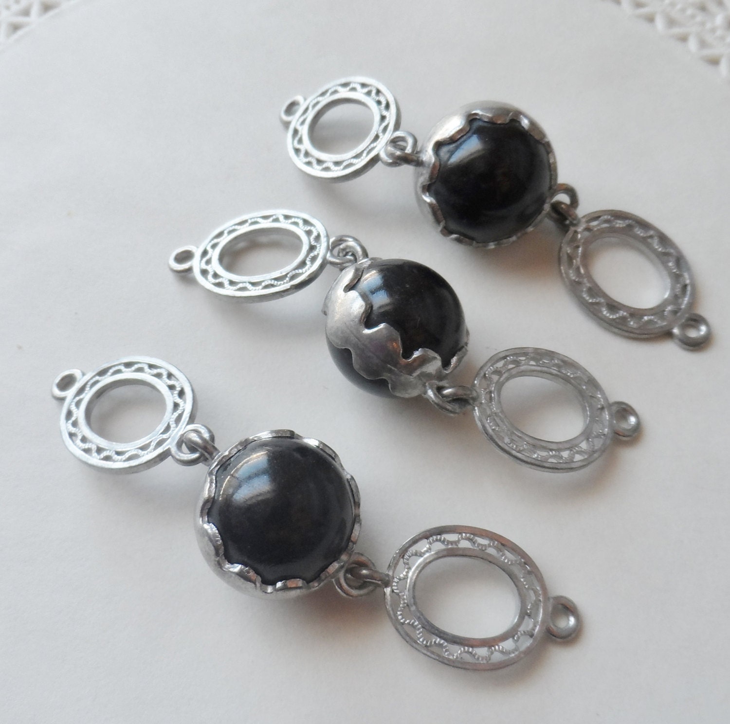 3 Vintage Black and Silver Filigree Findings