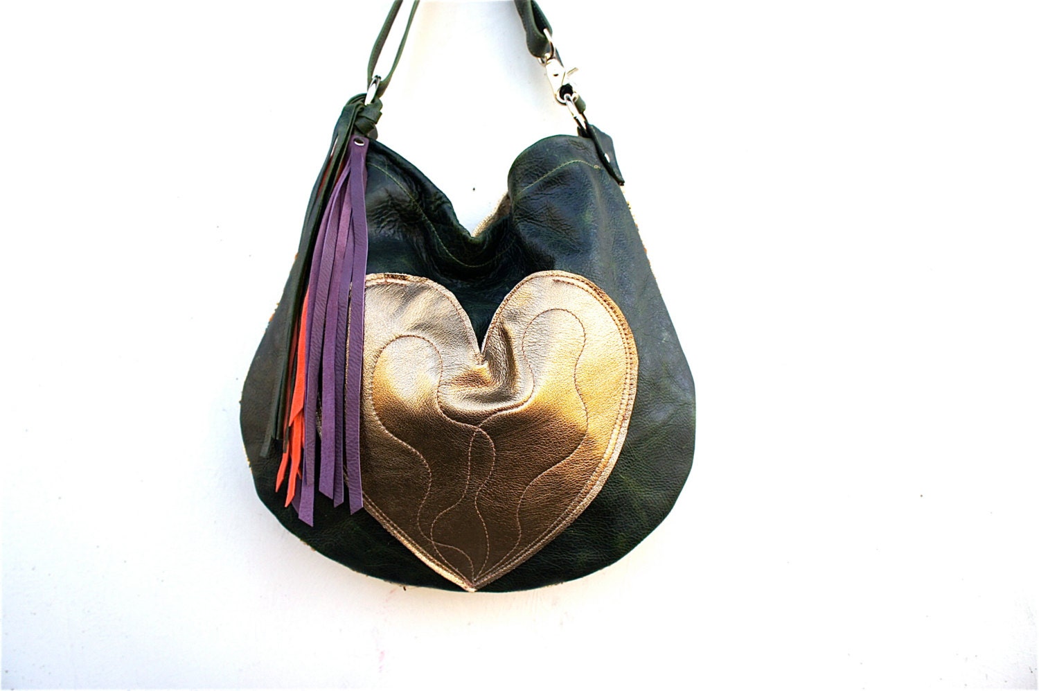 Valentine Agatha// in Forest Green Leather with Metallic Gold Heart Pocket and Two Way Strap - arebycdesign
