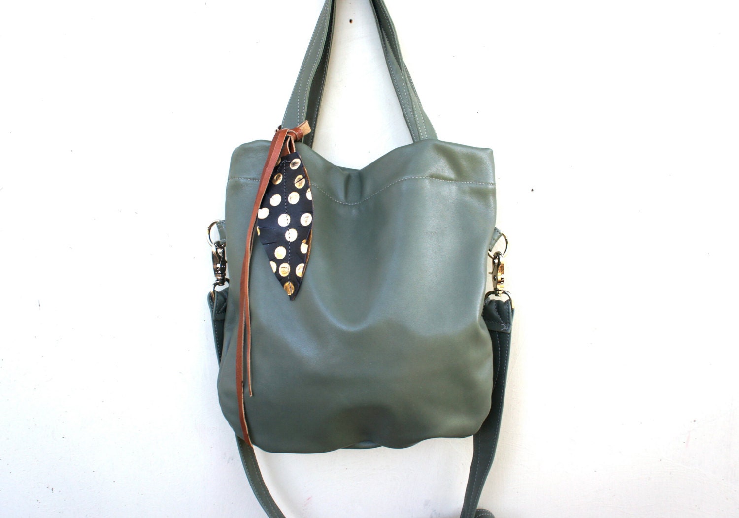 NEW///Agatha Fold Over in Sage Green Leather with Clip On Adjustable Strap - arebycdesign