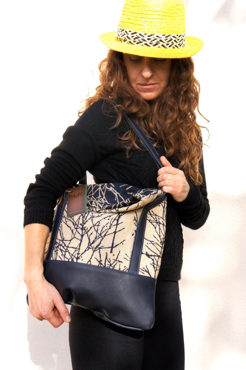 NEW//Luella in Vintage Tree Fabric and Midnight Blue Leather Accents