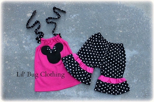 Custom Boutique Clothing Black White Dots Pink Minnie Mouse Short  Halter Outfit