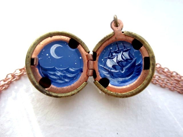 Night Sailing Locket, Hand-painted, Under the Moon with Stars, Miniature in Cobalt Blue