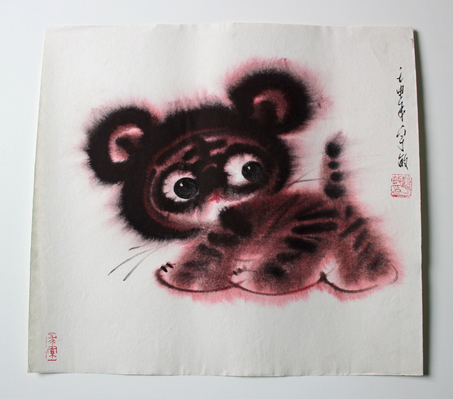 Chinese water color kitty cat unframed signed original