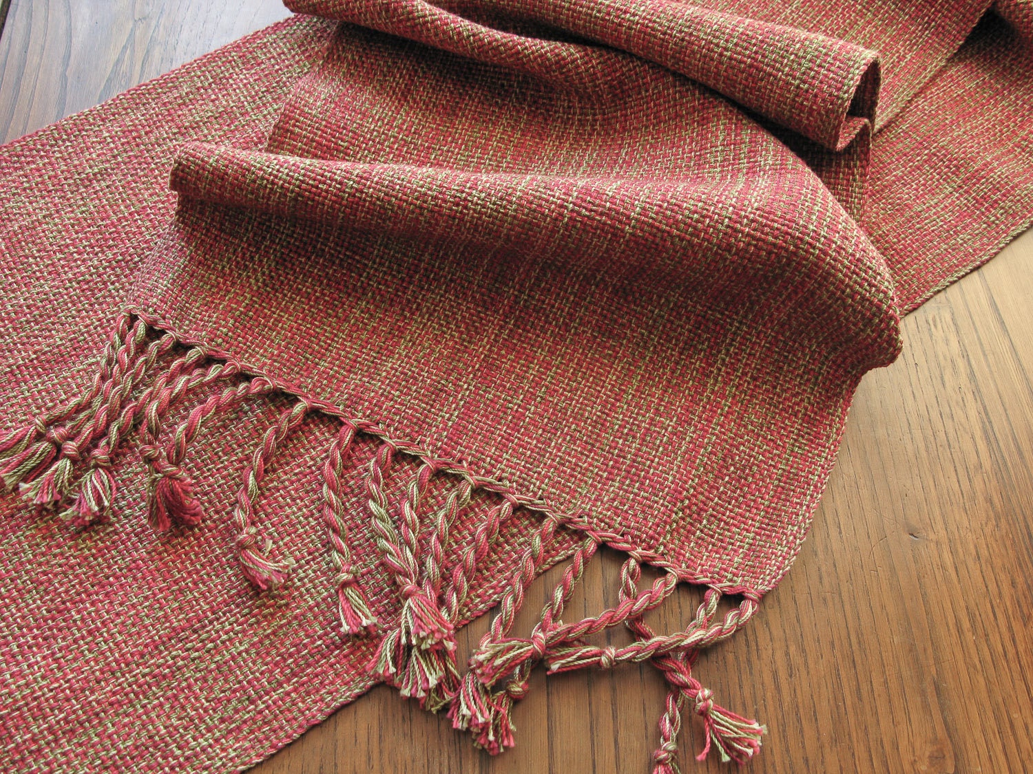 HandWoven Table Runner Holiday Table Decor Red Olive Green Cotton Hand Woven