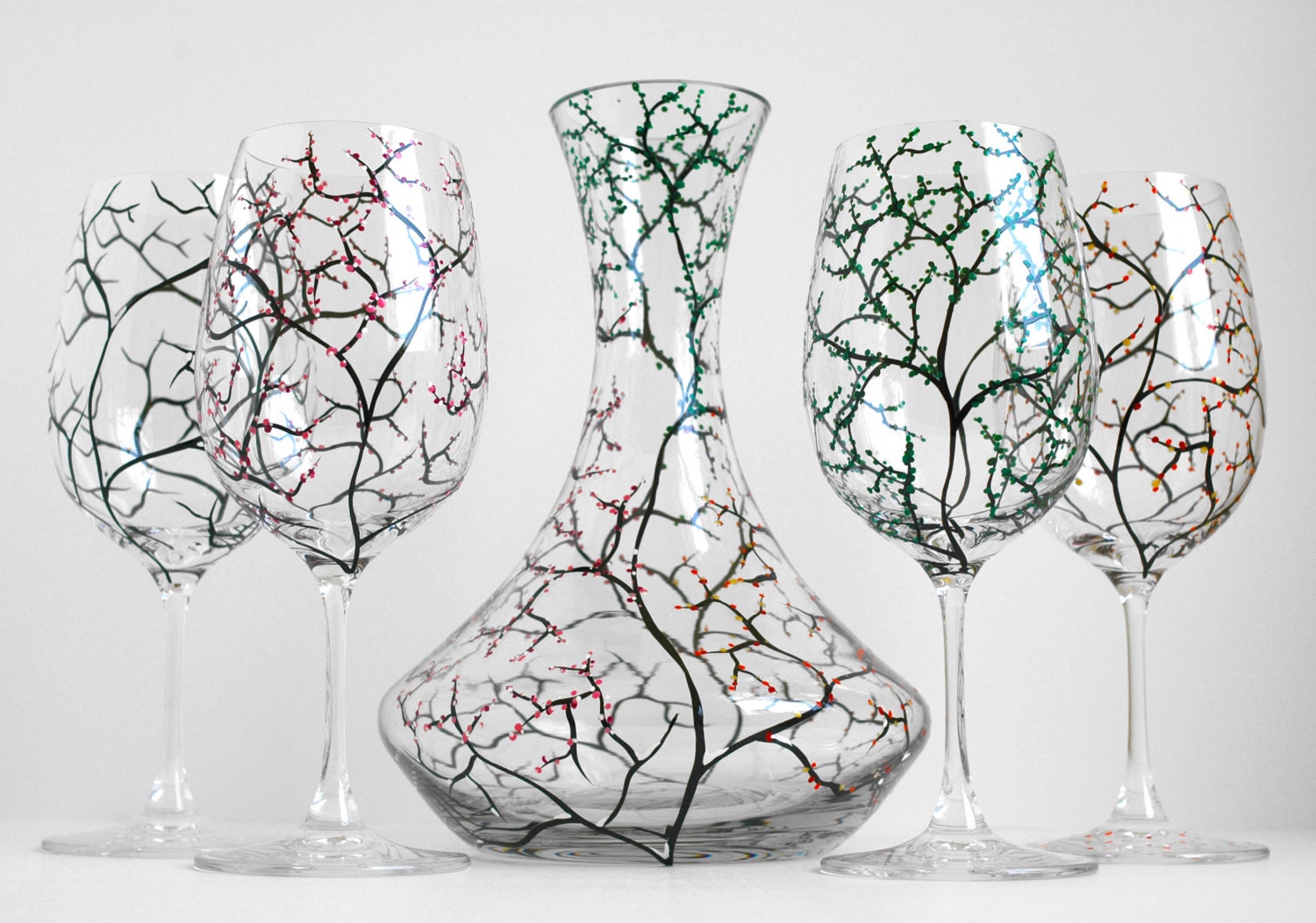 Four Seasons 5-Piece Decanter and Glassware Collection -  Winter, Spring, Summer and Fall Hand Painted Glasses