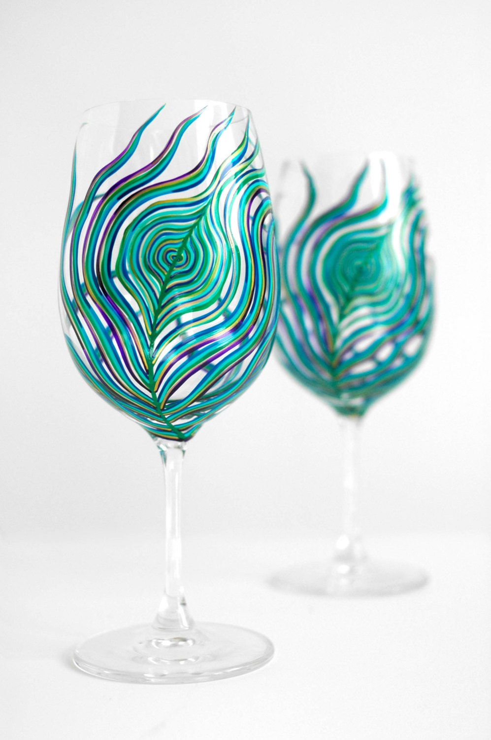 Peacock Feather Wine Glasses - Set of 4 Hand Painted Peacock Glasses - Peacock Themed Wedding