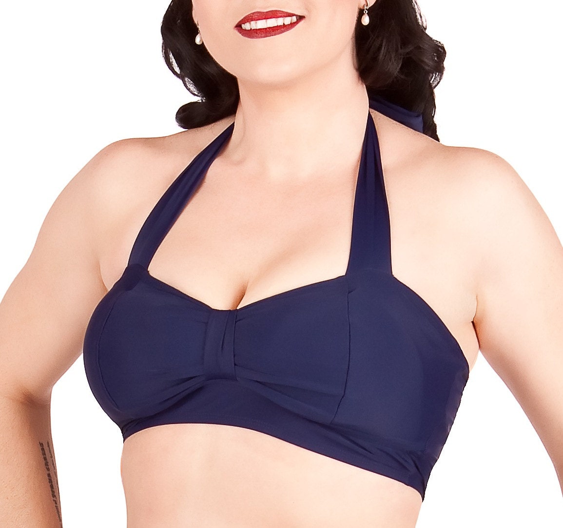 CANDICE Retro Inspired Navy Halter Top Sizes S-XLRG