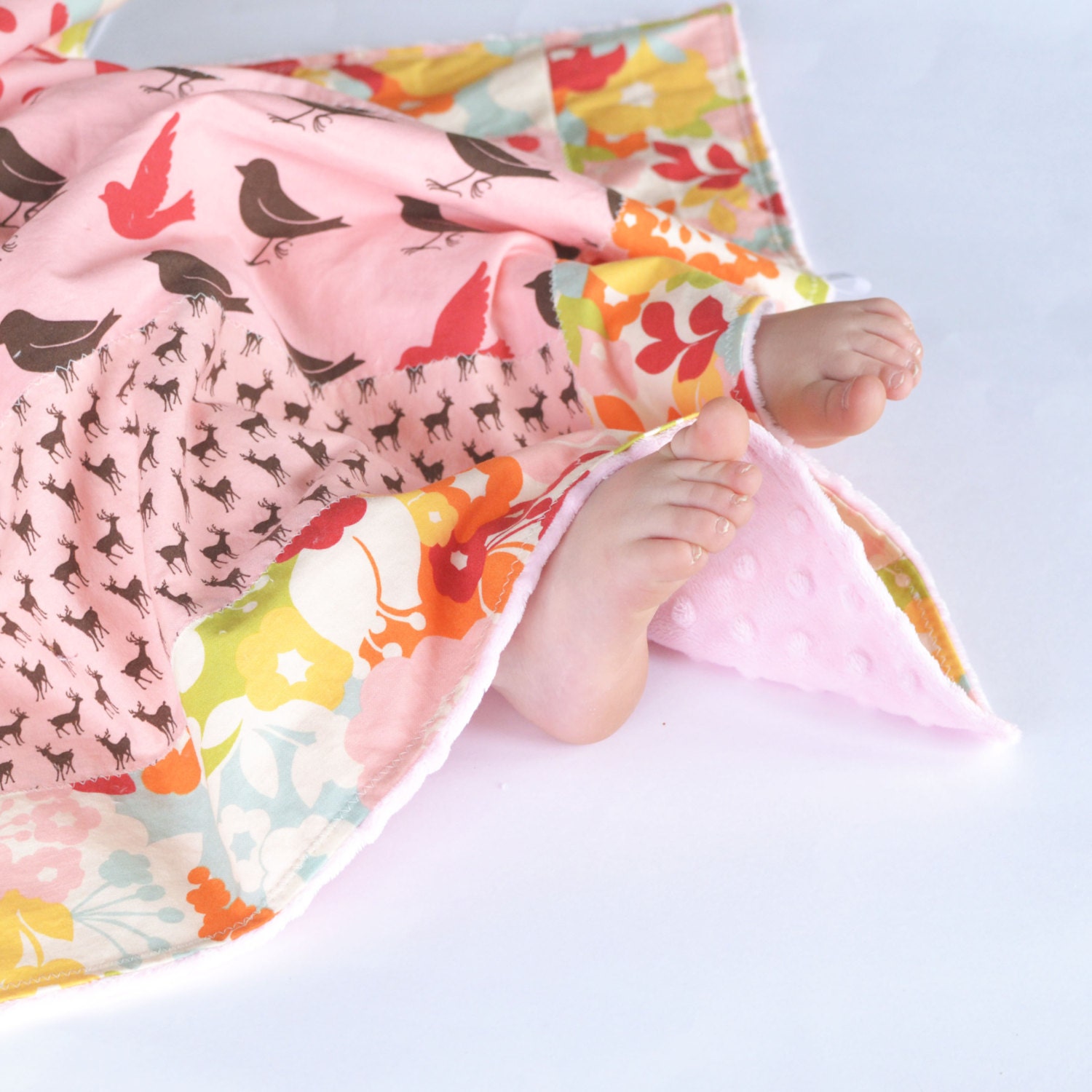 Small Patchwork Blanket with Minky for Baby Girl Blossom Pink Oh Deer