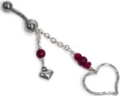Belly Ring: Ruby, Sterling Silver Textured Heart, Beaded Dangle. Artisan Jewelry by SilviaMaciasDesigns on Etsy