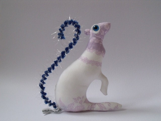 Baby Squirrel Sophia   adorable Soft Sculpture plush fabric ornament in lilac purple mauve flowers filigree lace pattern