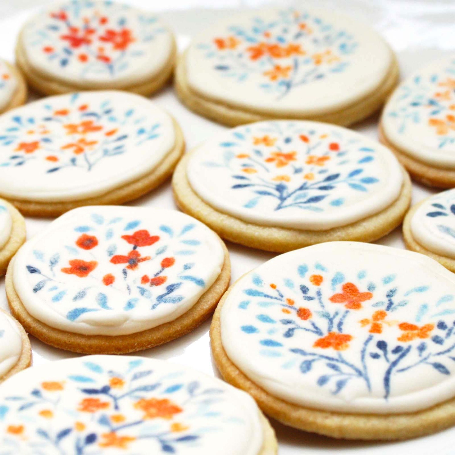 Handpainted Orange and Blue Flower Cookies
