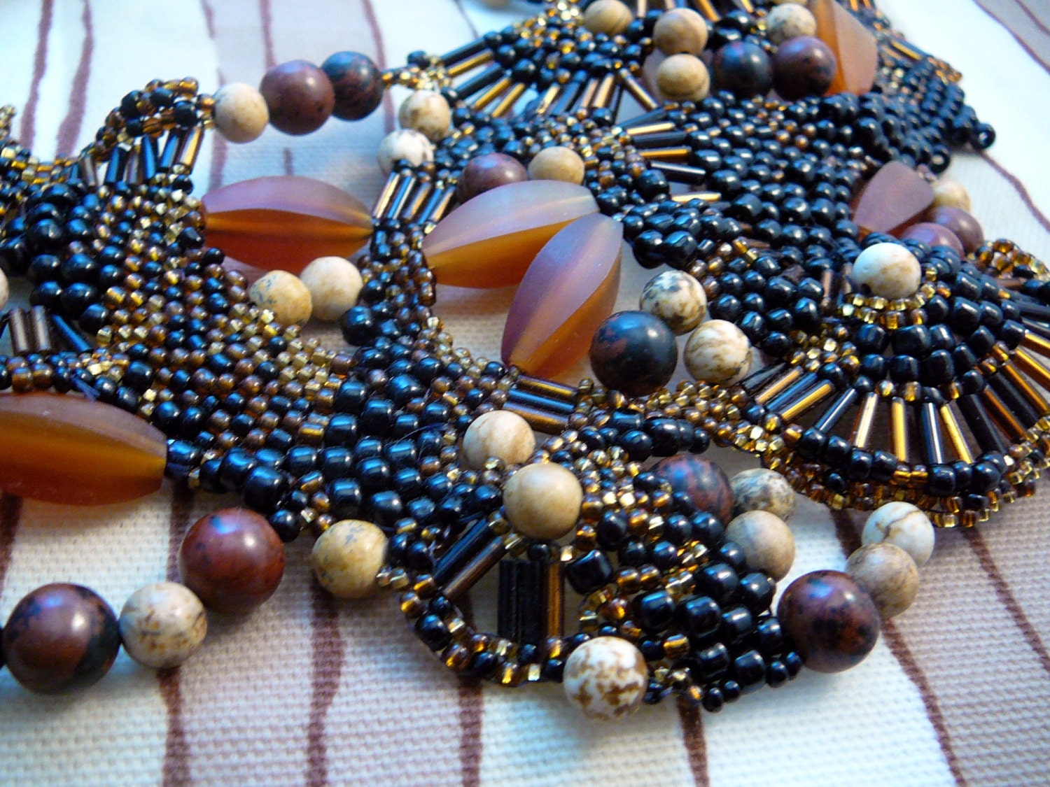 Cleopatra - Sculptural Beadwoven Statement Choker with Jasper, Obsidian and Horn Beads