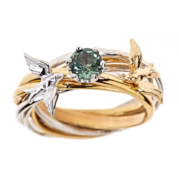 Custom 7 Band Engagement Nest Ring Solid 14k Yellow & White Gold VVS 1 Green Montana Sapphire