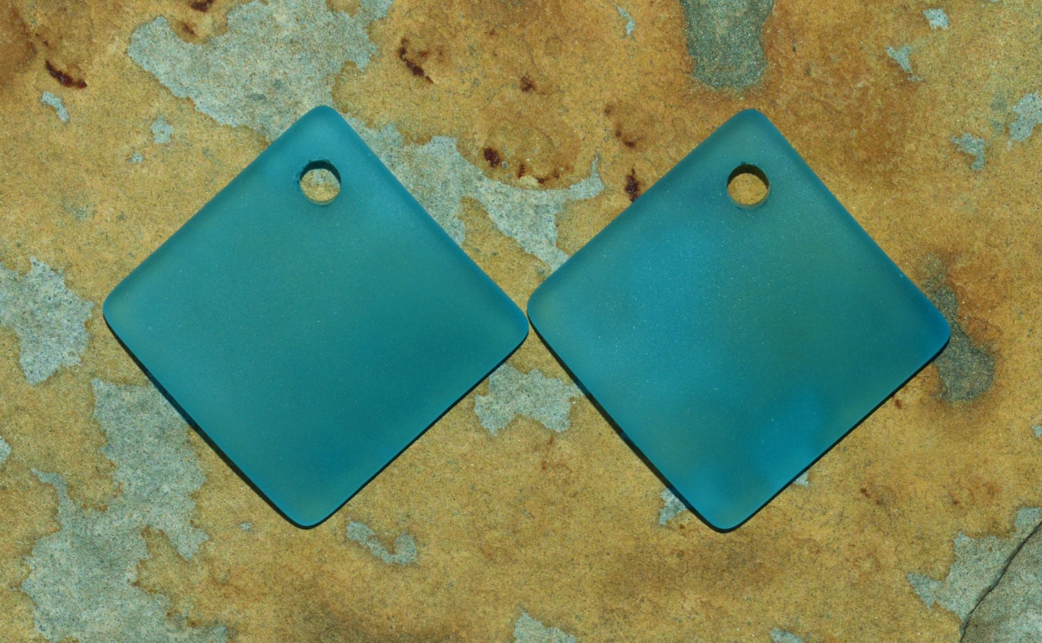 2 Pacific Blue Sea Glass 22mm Curved Diamond Square Pendants - Beach Glass