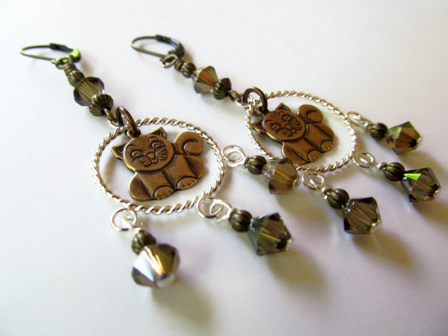Cat Chandelier Two Tone Leverback Antiqued Brass Earrings