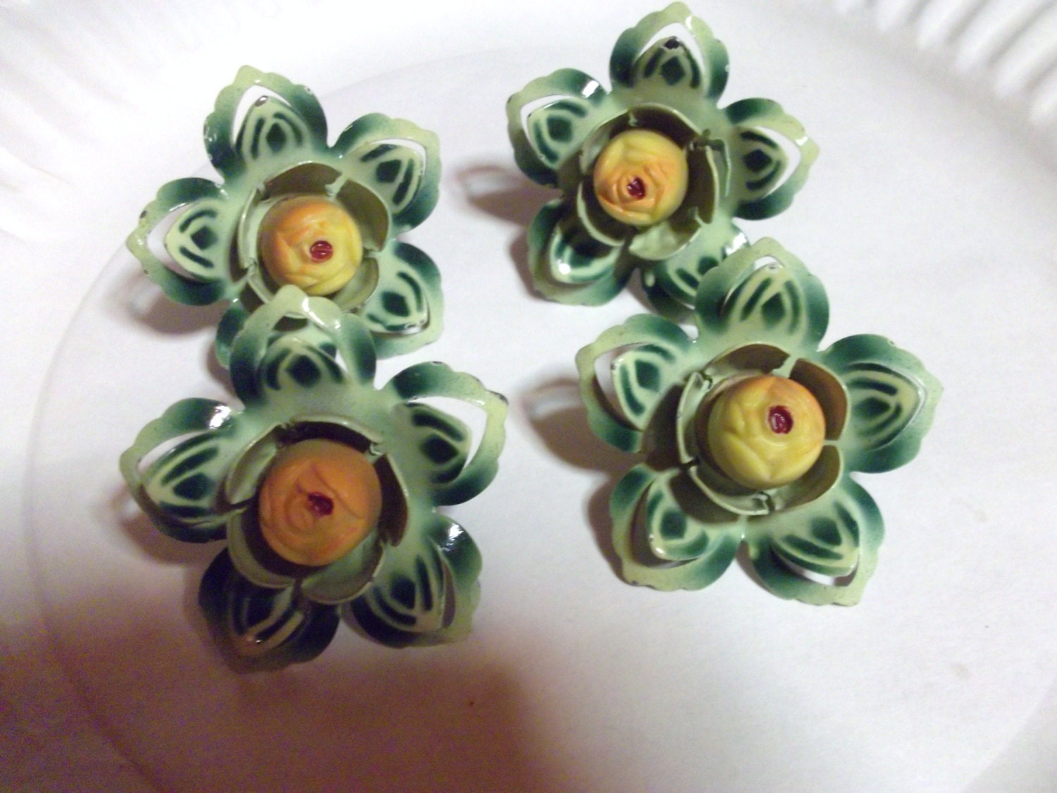 Vintage Floral Pierced Metal Curtain Tie back Tacks In Green