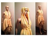 Sexy Hood Layering Tunic Wrap Dress, Beach Bikini Cover Up, yellow white stripe cotton multi wear Belly Dance Coverup. Crude Things