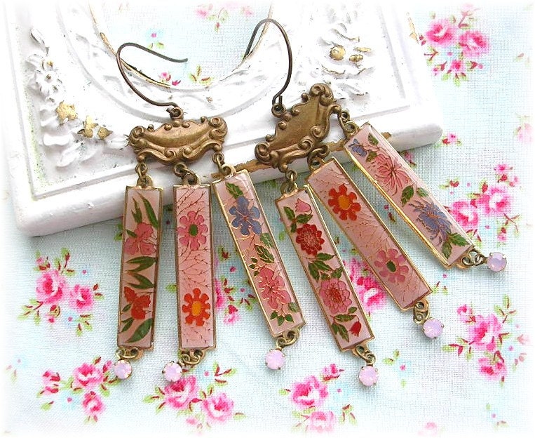 Vintage Floral Enamel Panel Chandelier Earrings Rose Opal Crstyals OOAK Spring Flowers