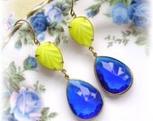 Vintage Glass and Lucite Dangle Earrings Pastel Yellow White Cobalt Blue Drops Trinity Brass Hooks OOAK Spring